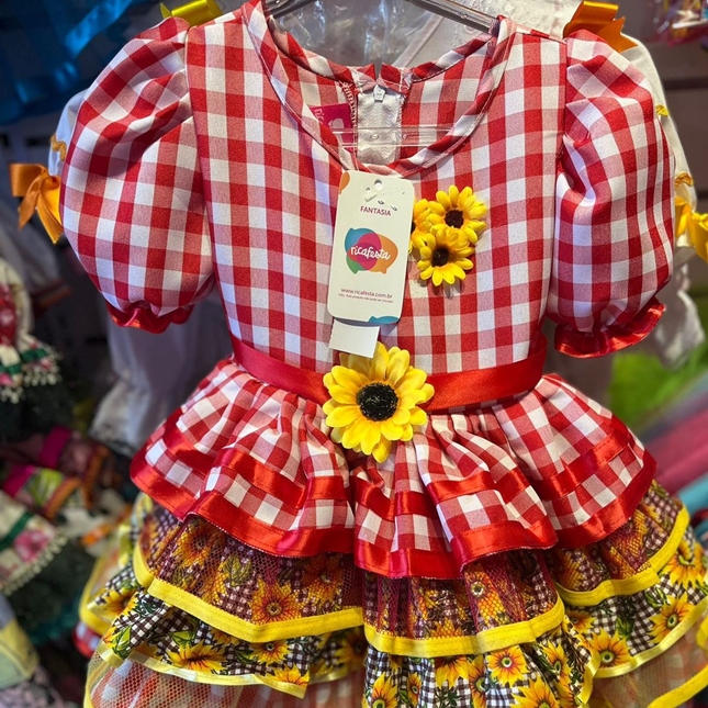 Vestido Feminino Infantil Junino Xadrez Rosa Com Flores